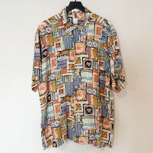 Burma Bibas 100% Linen Abstract Print Short Sleeve Button Up Shirt Mens L